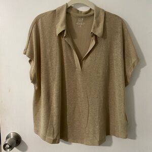 GAP Women's Linen Blend Collared V Neck T-Shirt in Tan - NWT